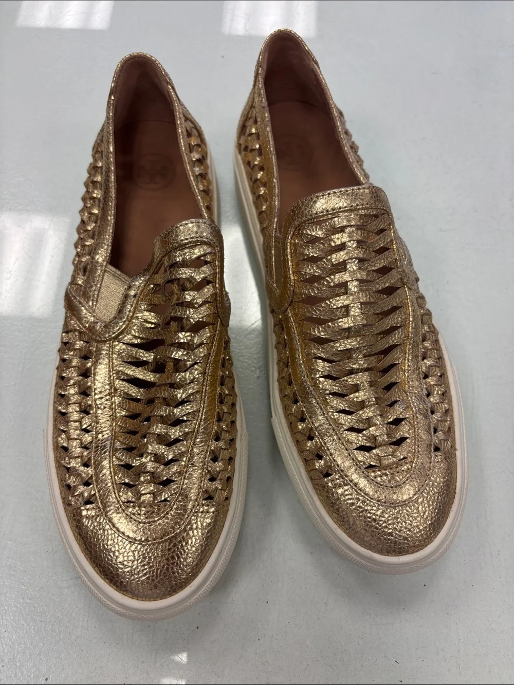Tory Burch Huarache Gold Woven Slip-On Sneakers